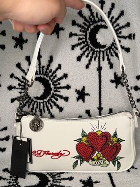 BRAND NEW Ed Hardy White Heart Rhinestone Shoulder Mini Bag